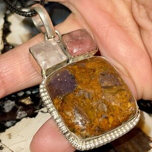 Bronzite, Rose Quartz & Rhodonite Crystal Pairing Pendant 2 1/4”